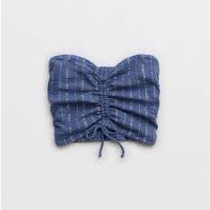 aerie Blue Smocked Strapless Top with Gold Thread